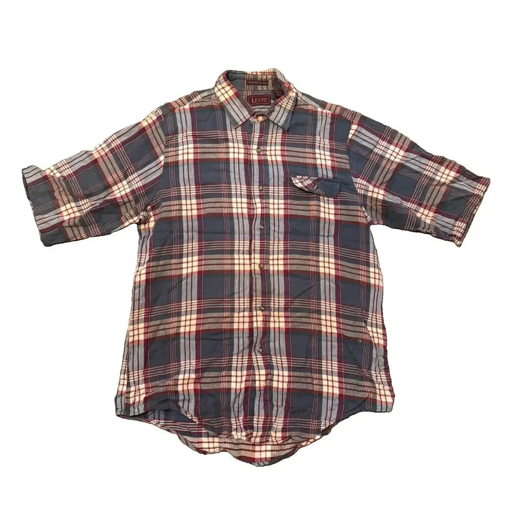 Vintage Levis Shirt Mens Large Multicolor Plaid Short Sleeve Button Up Casual